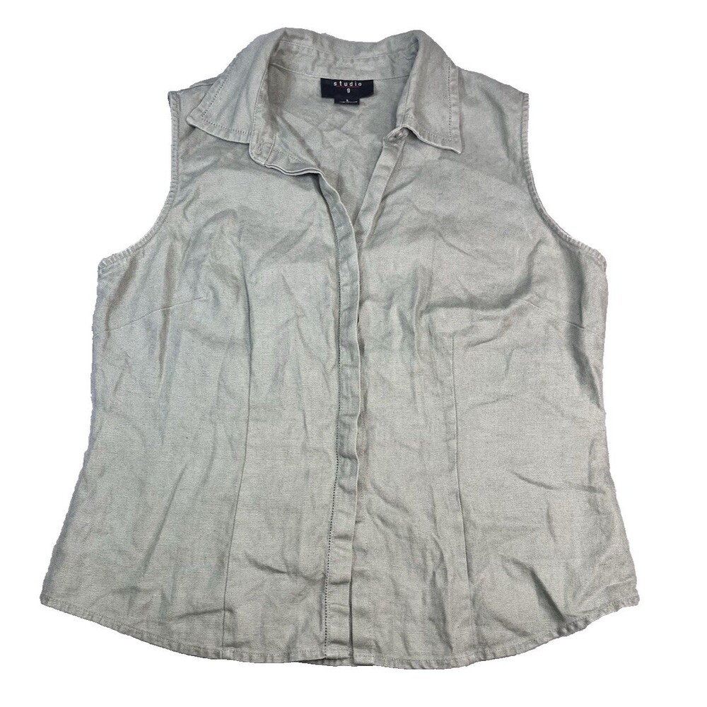 VTG 00s Studio G Womens 100% Linen Top L Sleeveless Button Up Sage Green Y2K